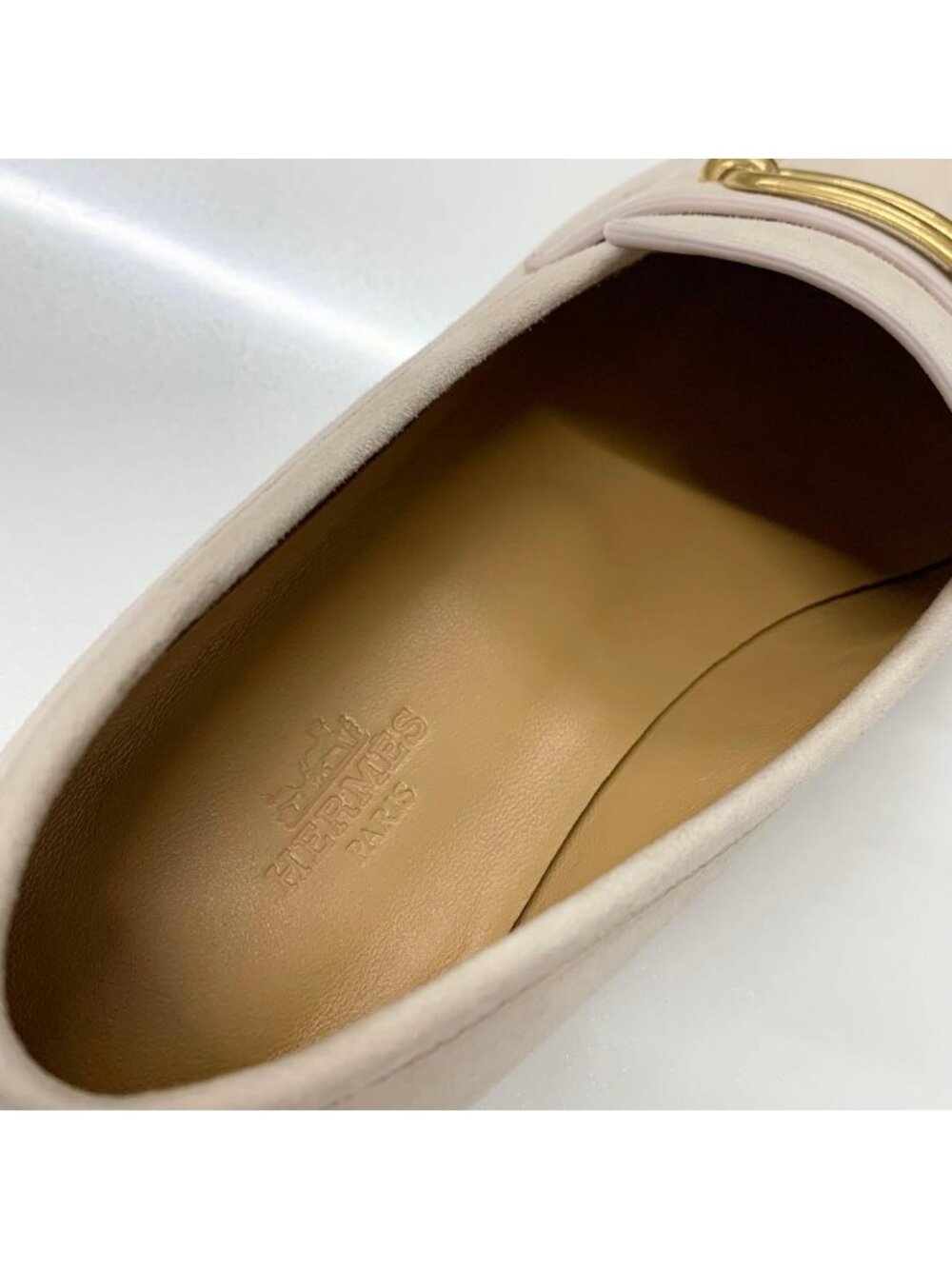 Hermes Colette Suede Roulis Buckle Moccasins Loafers Pink Beige - Picture 7 of 10